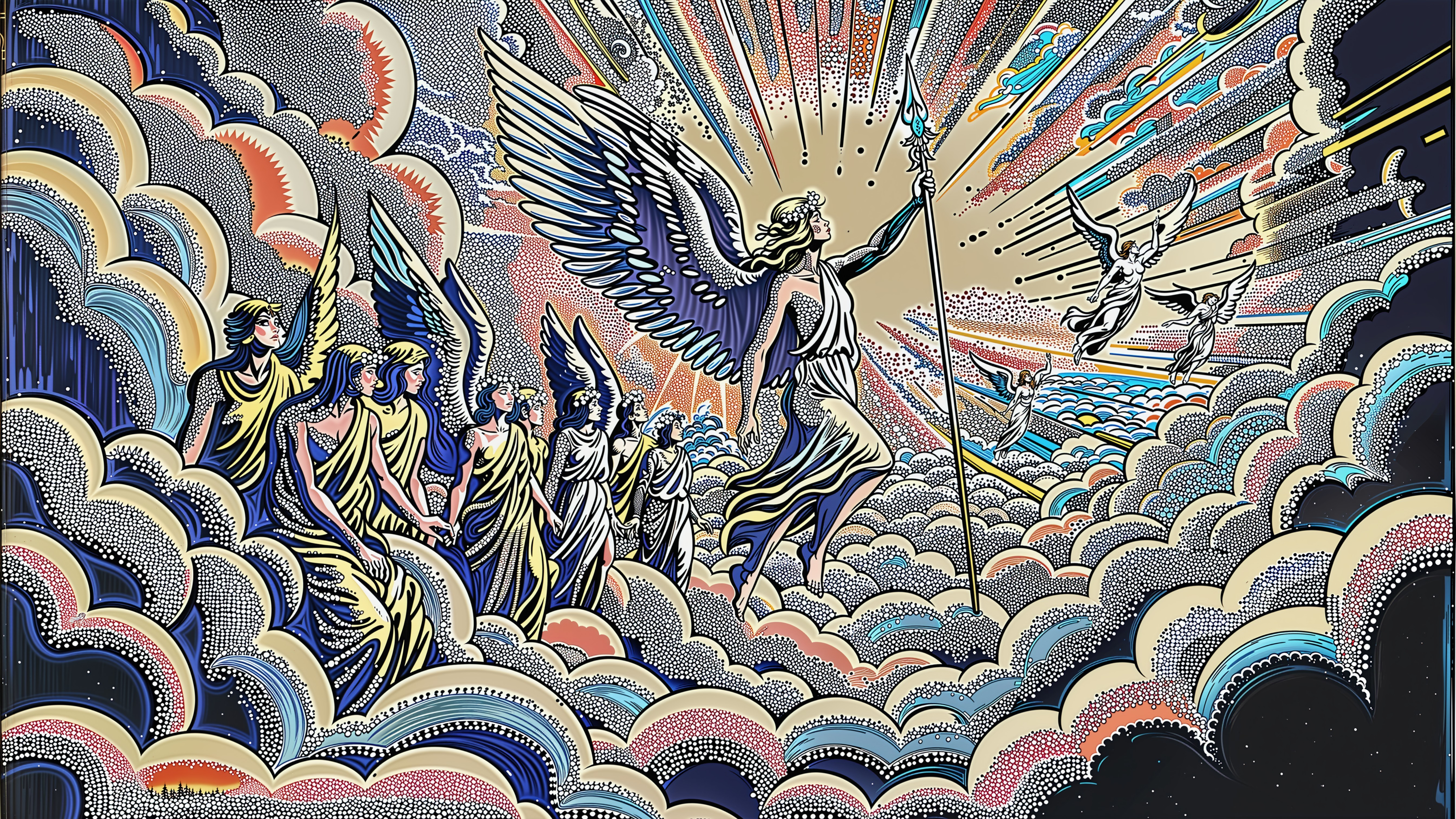 Surreal Scene of Angelic Beings Above Colorful Clouds