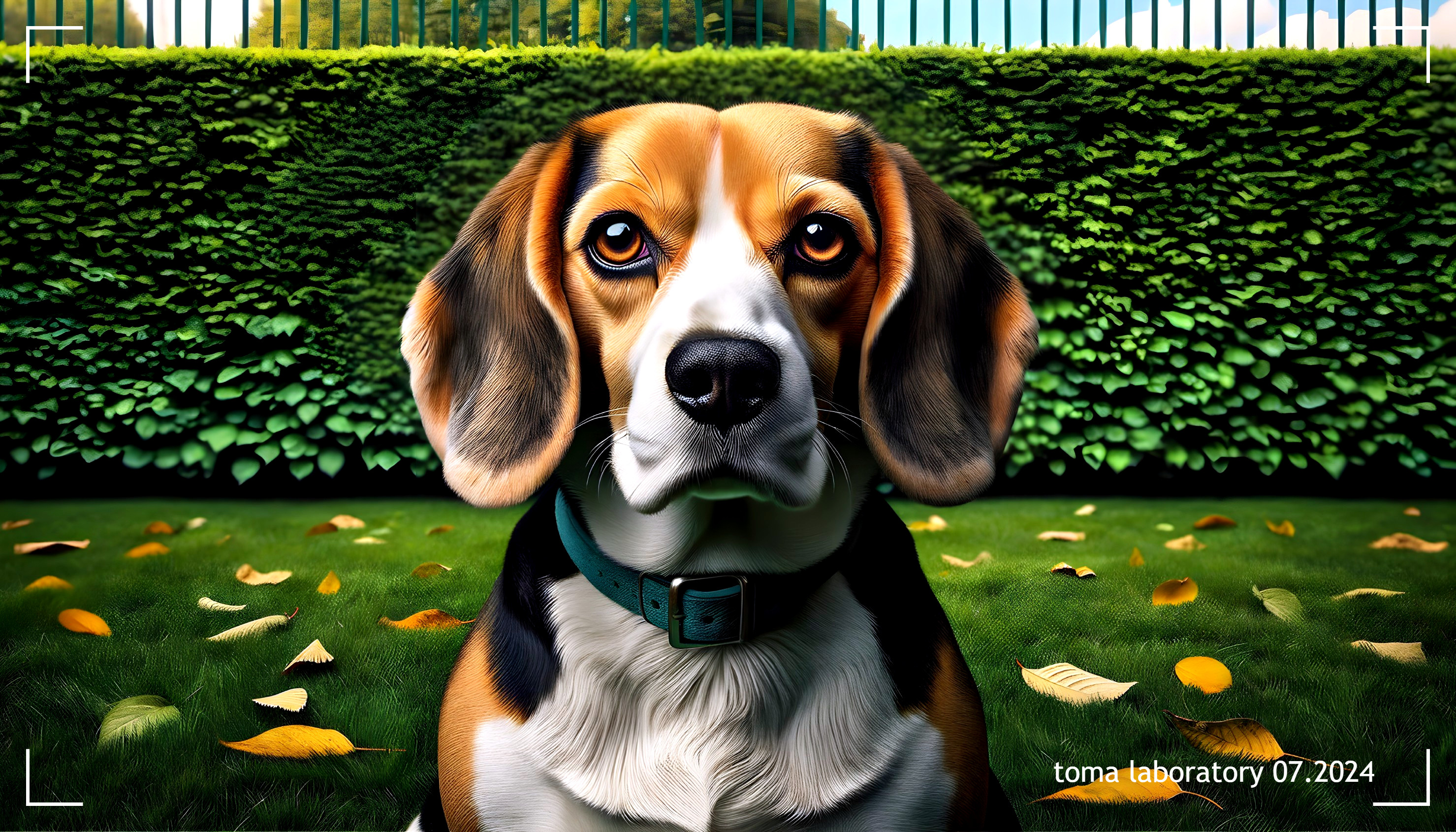 Beagle in a Green Yard with Autumn Leaves and Hedges