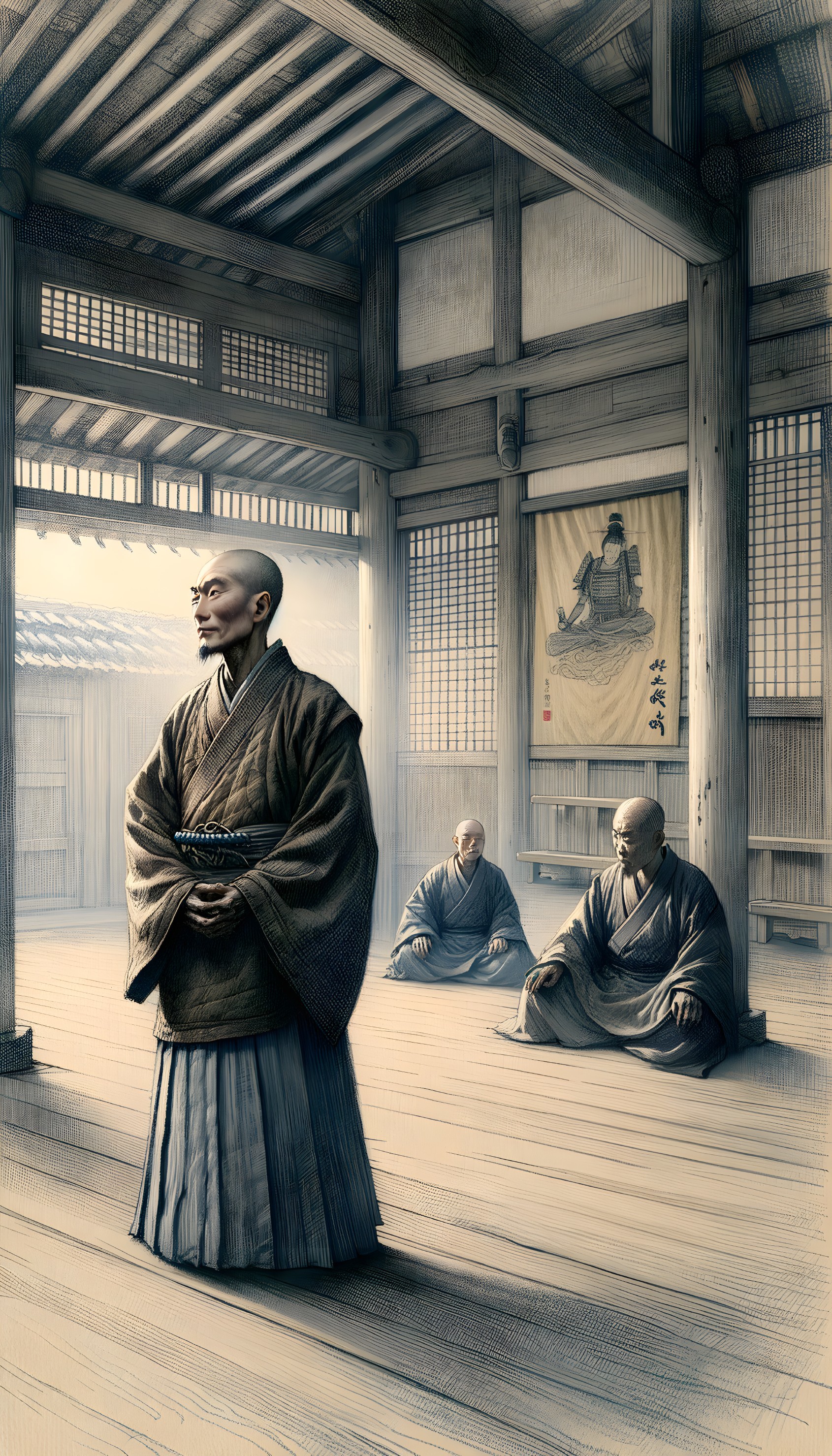 Monks Meditating in a Traditional Wooden Dojo