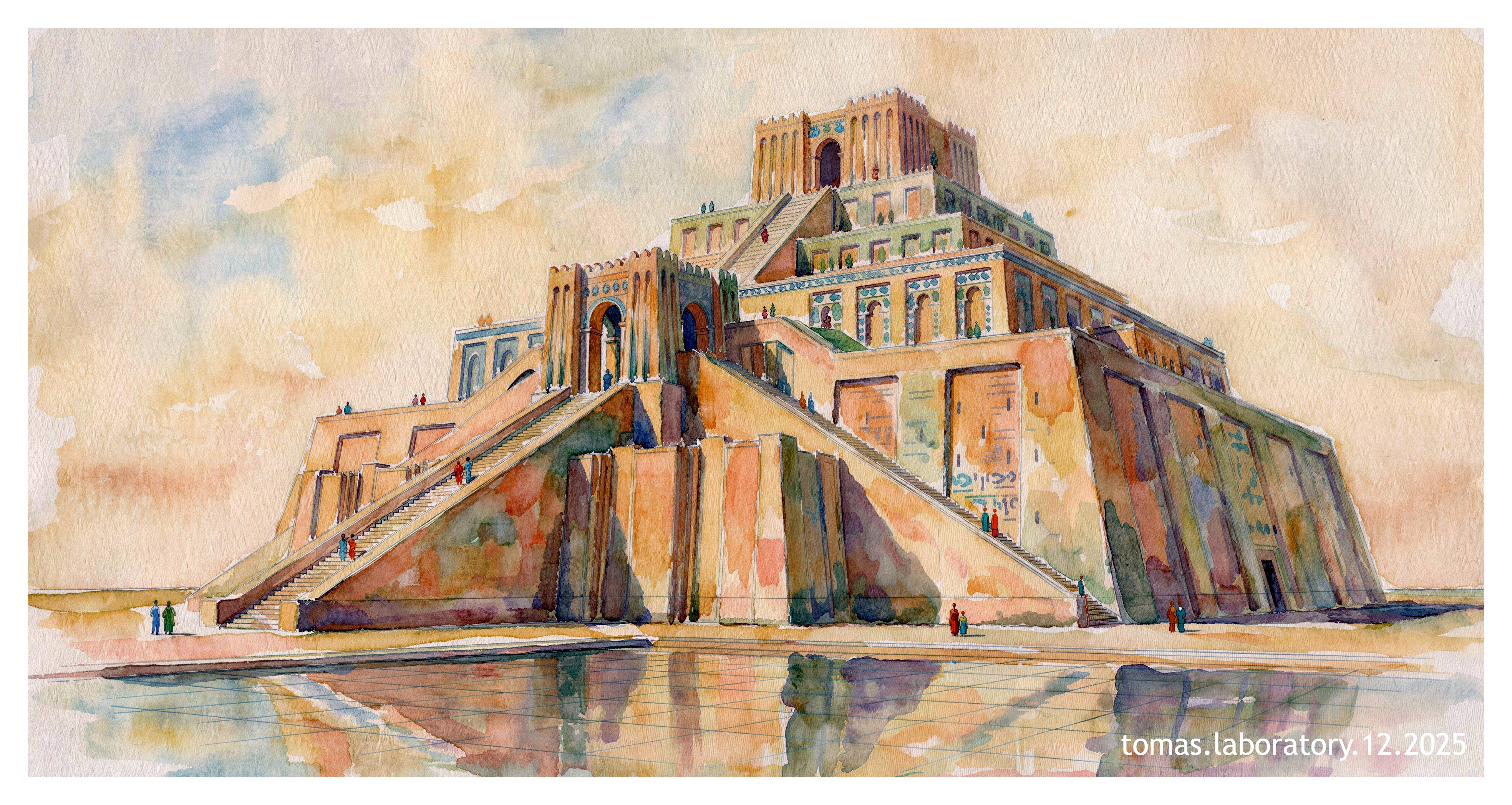 Watercolor of the Tower of Babel with architectural details