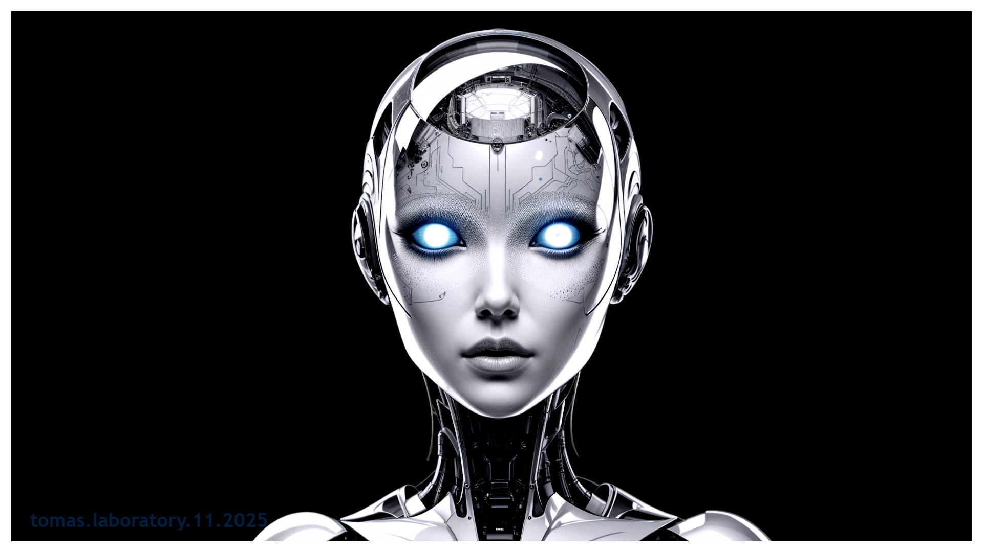 Futuristic humanoid robot with glowing blue eyes
