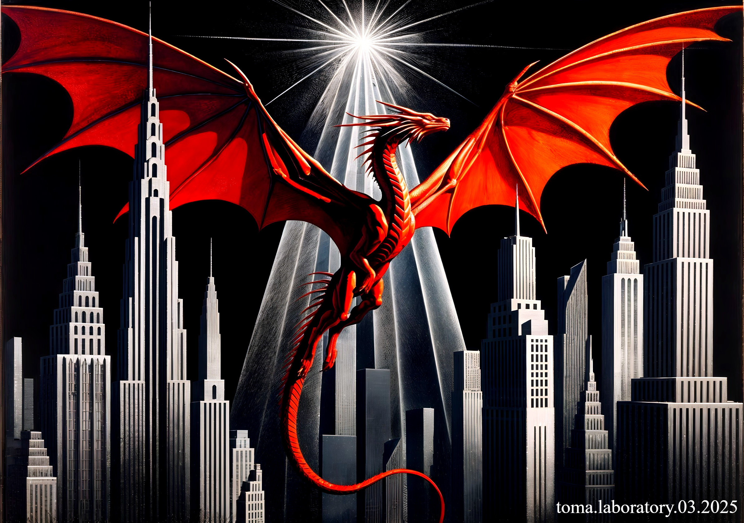 Red Dragon Against City Skyscrapers in Dramatic Light