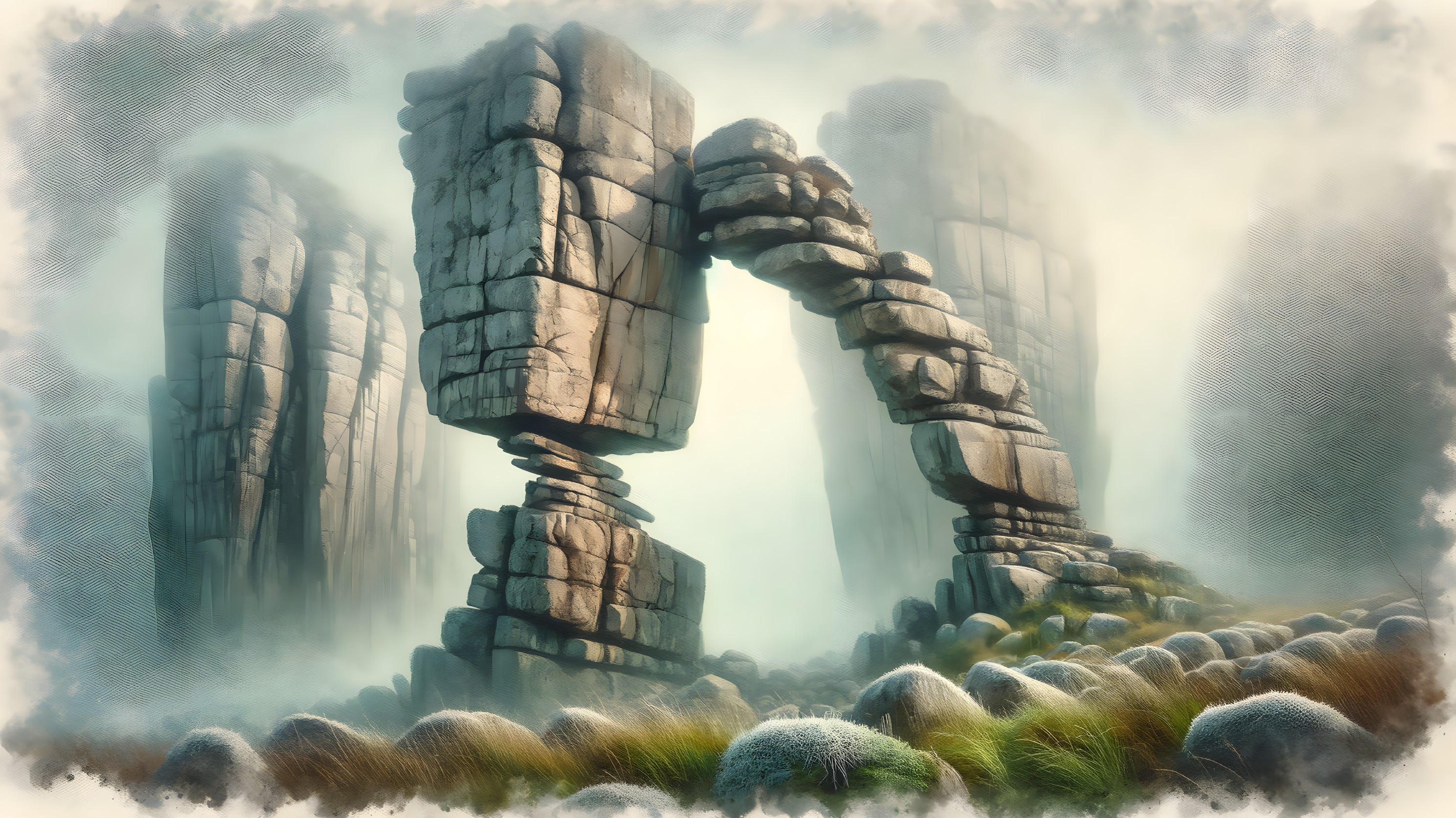 Misty Landscape with Stone Columns and Ethereal Fog