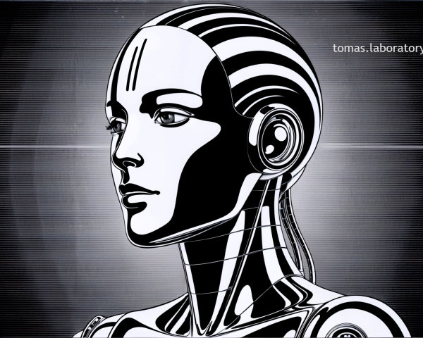 Stylized Robotic Figure in Futuristic Laboratory Setting