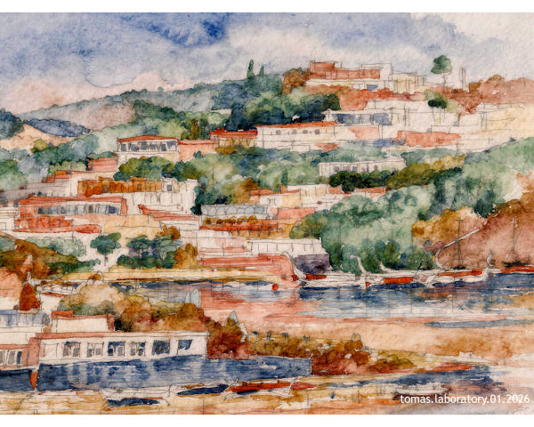 Vibrant Watercolor Landscape of Hillside Town and Water