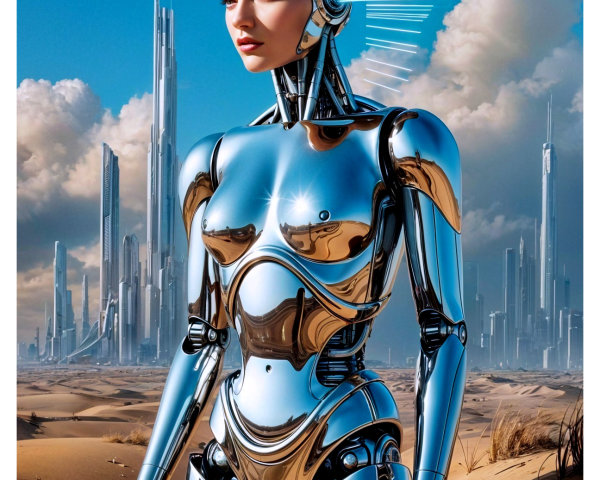 Futuristic humanoid robot in a desert landscape