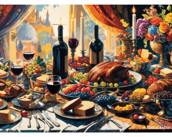 Lavish Banquet Table with Fruits and Roast Turkey