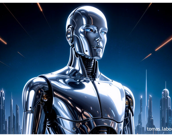 Chrome Humanoid Robot in Futuristic Cityscape
