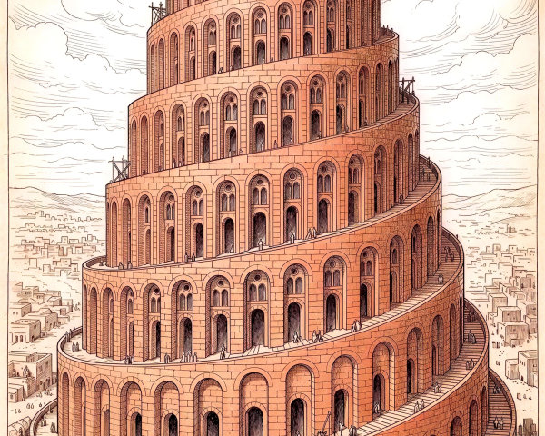 Illustration of the Tower of Babel in detailed perspective