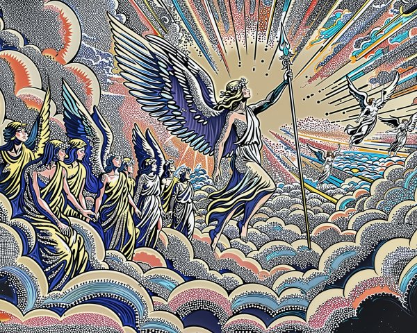 Surreal Scene of Angelic Beings Above Colorful Clouds