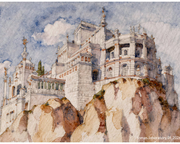Watercolor Painting of Palace on Rugged Mountain