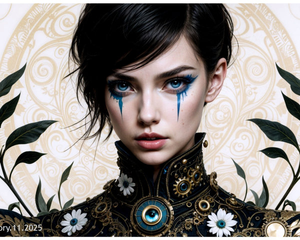 Portrait of a Young Woman in Ornate Floral Attire