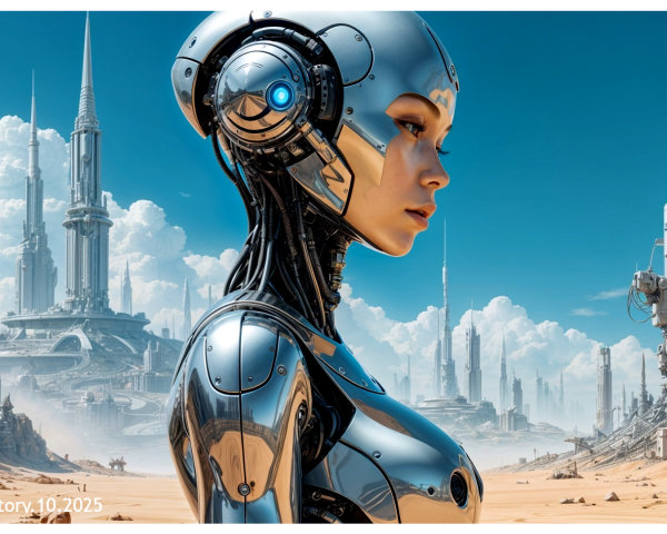 Futuristic Female Robot in Sci-Fi Landscape