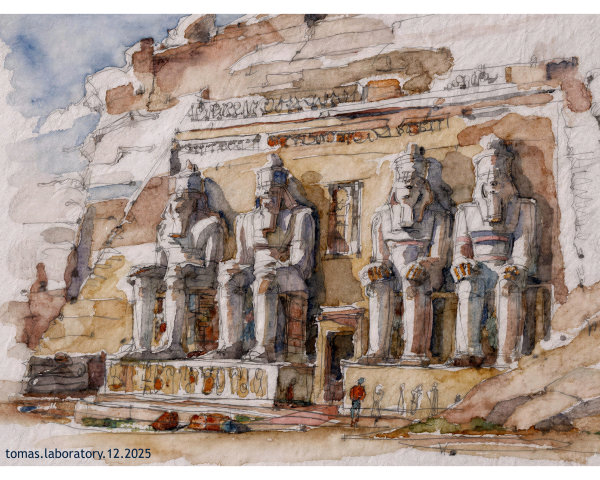 Watercolor Painting of the Great Temple of Ramesses II