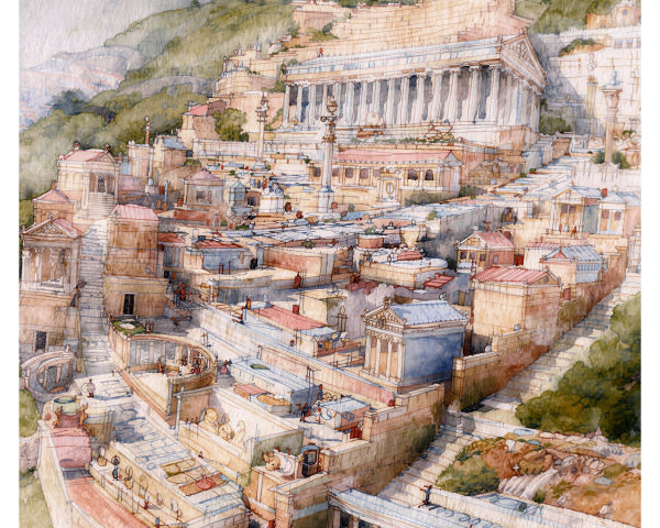 Watercolor of an ancient Roman hillside cityscape