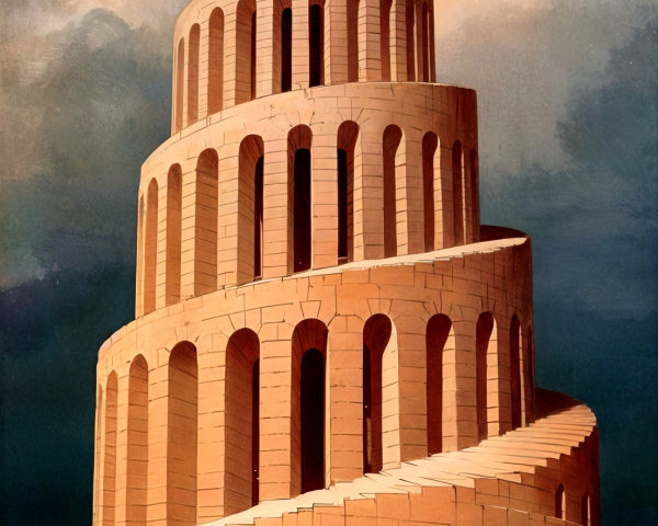 Stepped Tower Structure with Spiral Staircase and Figures