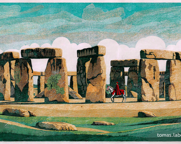 Textured Illustration of Stonehenge with Cloaked Figure