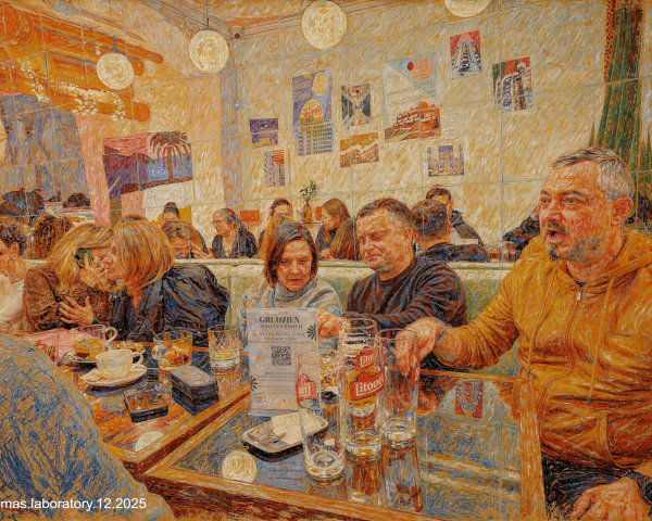 Dimly Lit Restaurant Scene in Textured Art Style