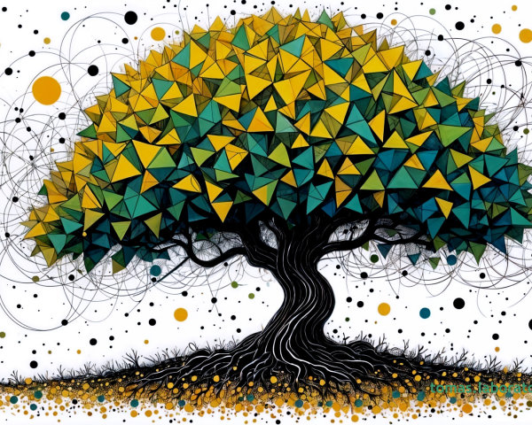 Stylized geometric tree with vibrant colors and patterns