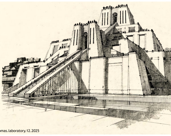 Architectural Drawing of a Monumental Ziggurat Structure