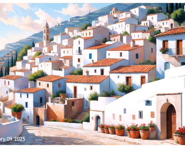 Picturesque hillside village with whitewashed houses