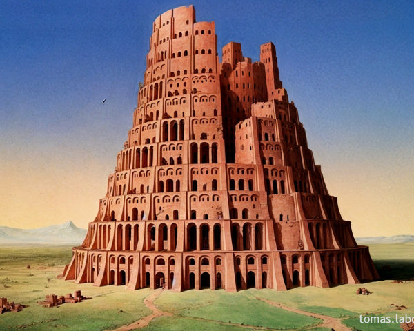 Ancient Tower Structure Against Blue Sky and Ruins