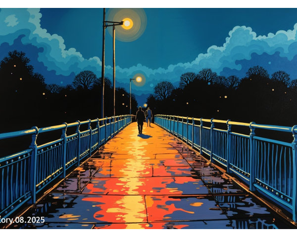 Couple Walking on a Bridge at Dusk with Reflections