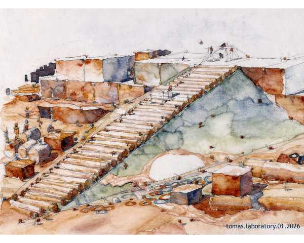 Architectural Watercolor of Pyramid Construction Site