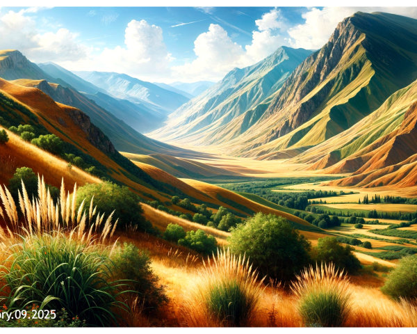 Vast Valley Landscape with Majestic Mountains and Sunlight