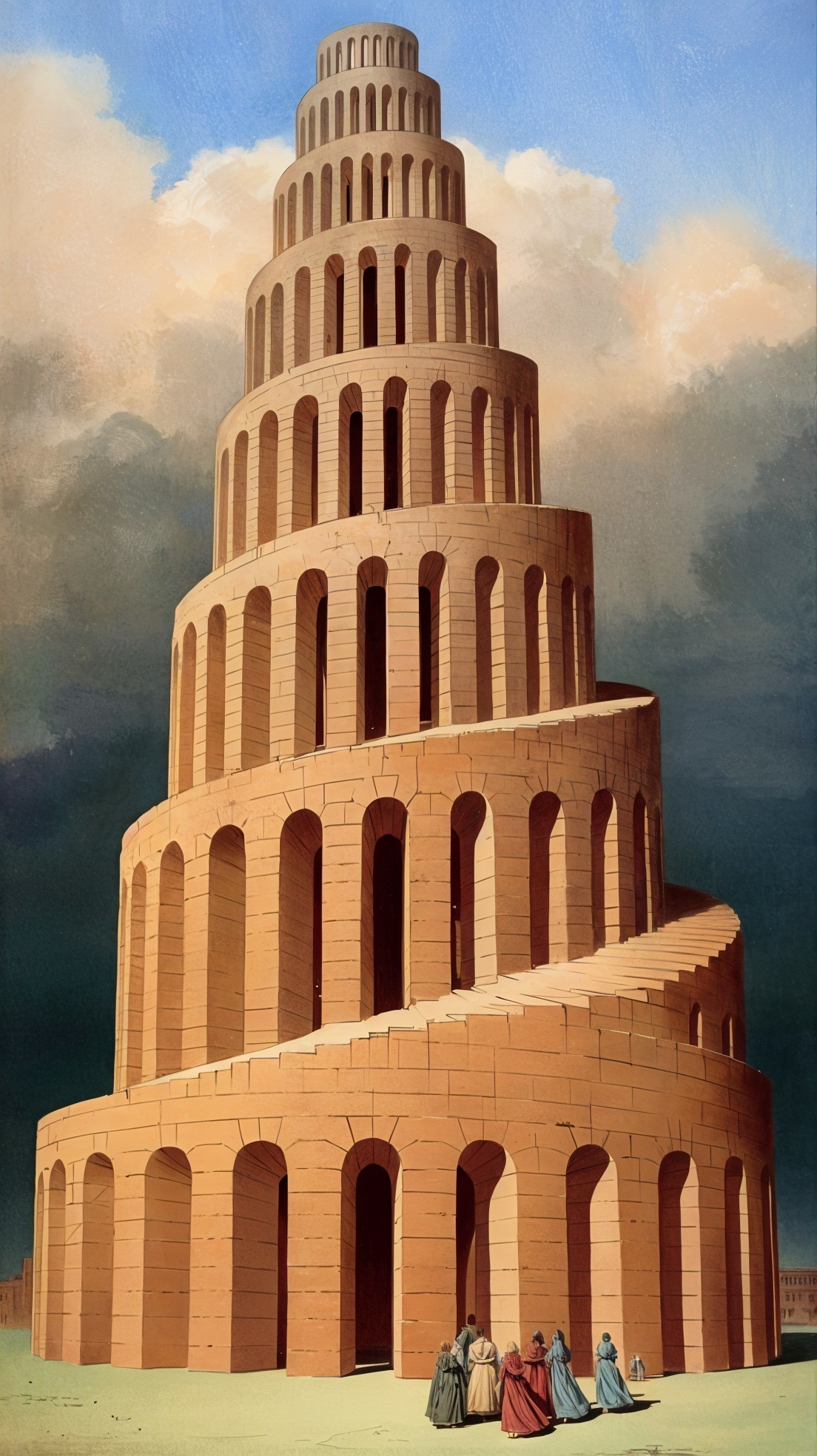 Stepped Tower Structure with Spiral Staircase and Figures