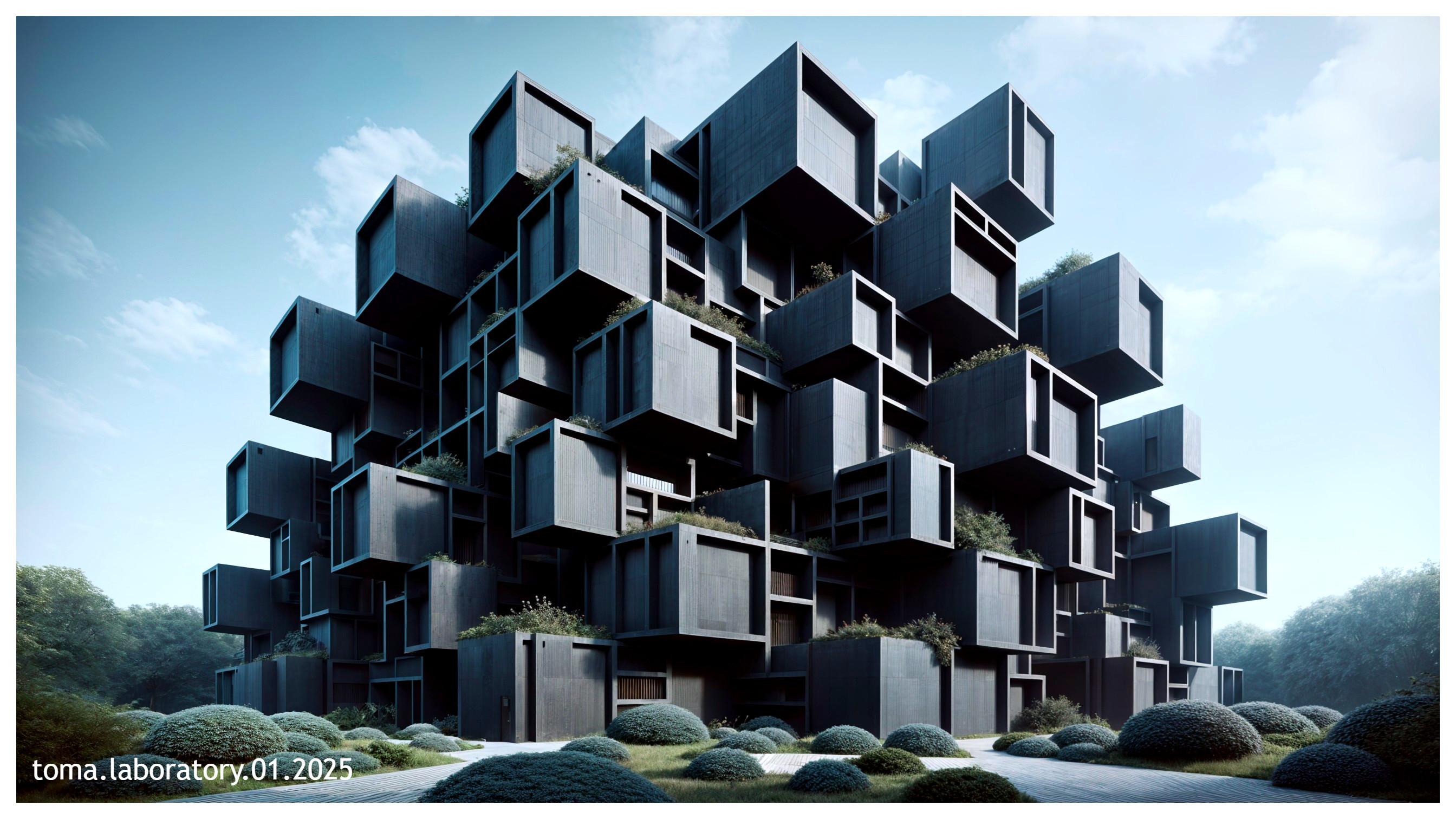 Modern Architectural Structure with Stacked Black Cubes