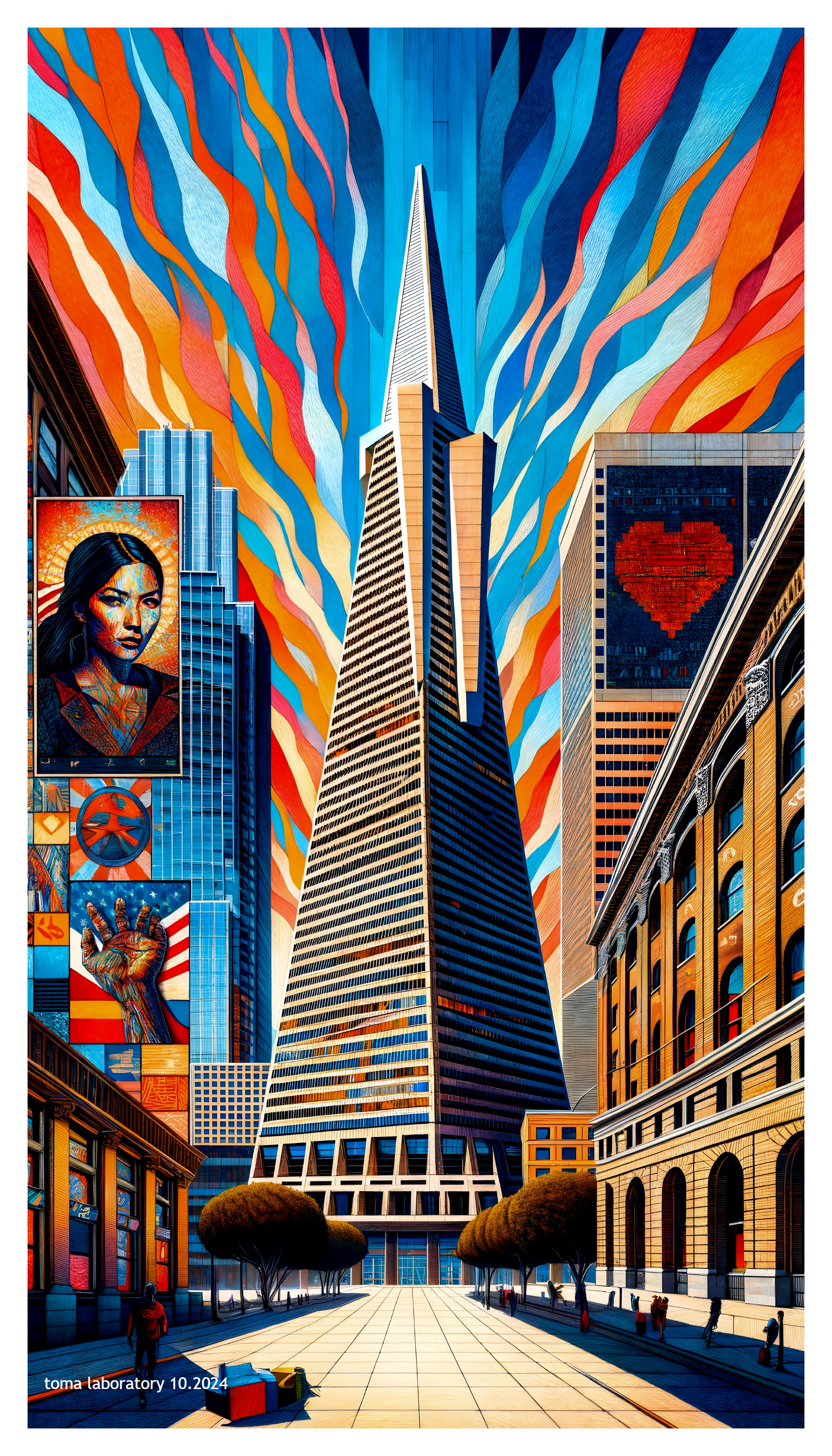 Vibrant Urban Scene with Skyscraper and Art Installations