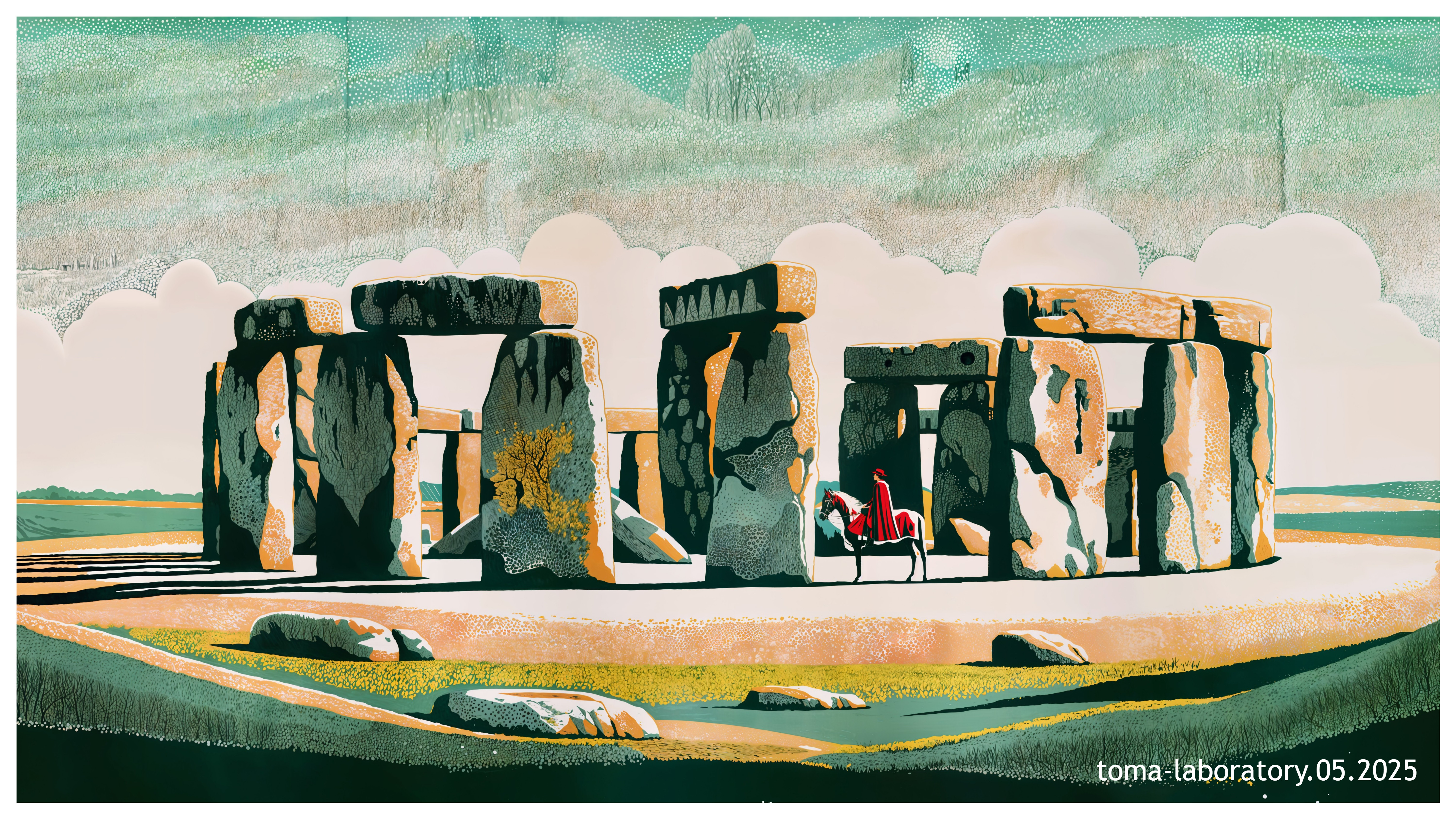 Stylized Illustration of Stonehenge with Horse Figure