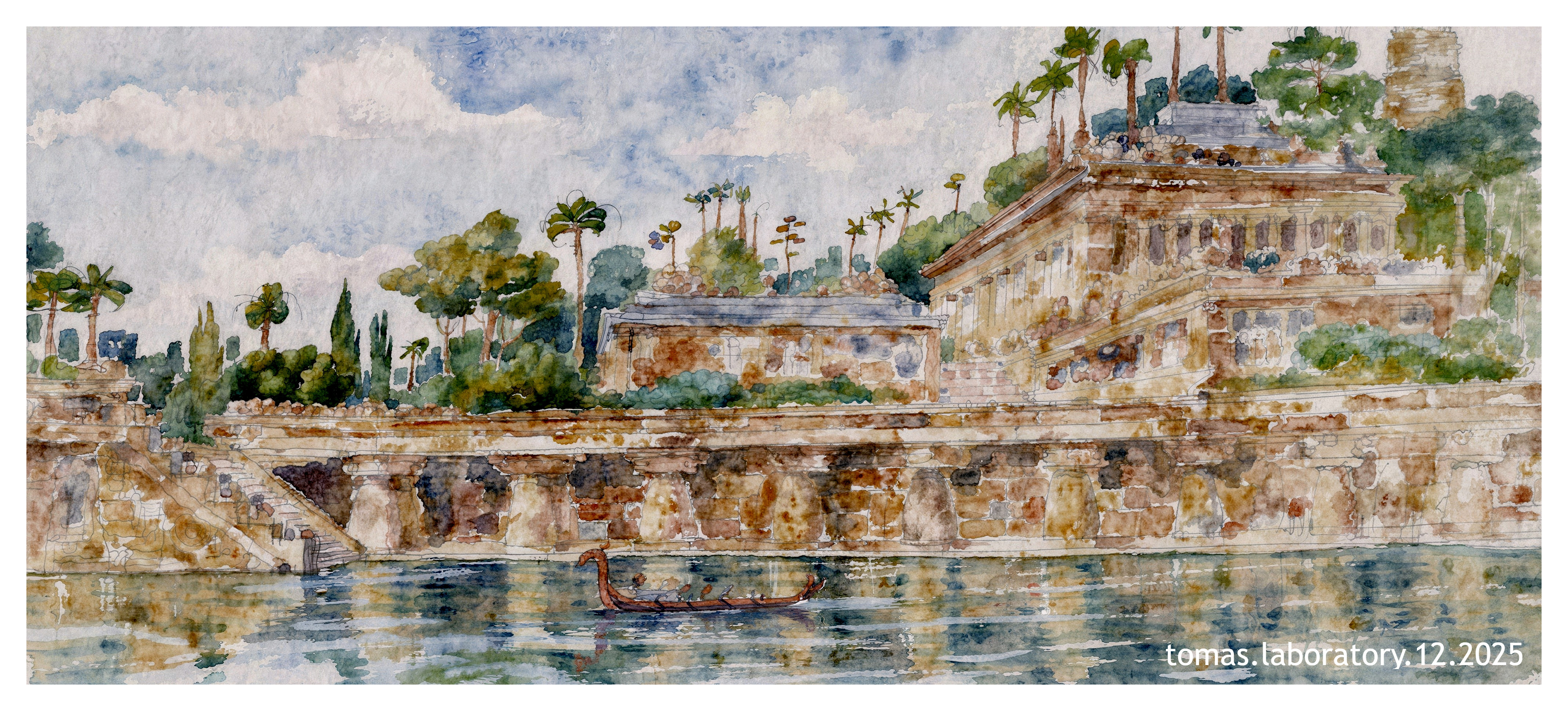 Watercolor Painting of Ancient City by a River