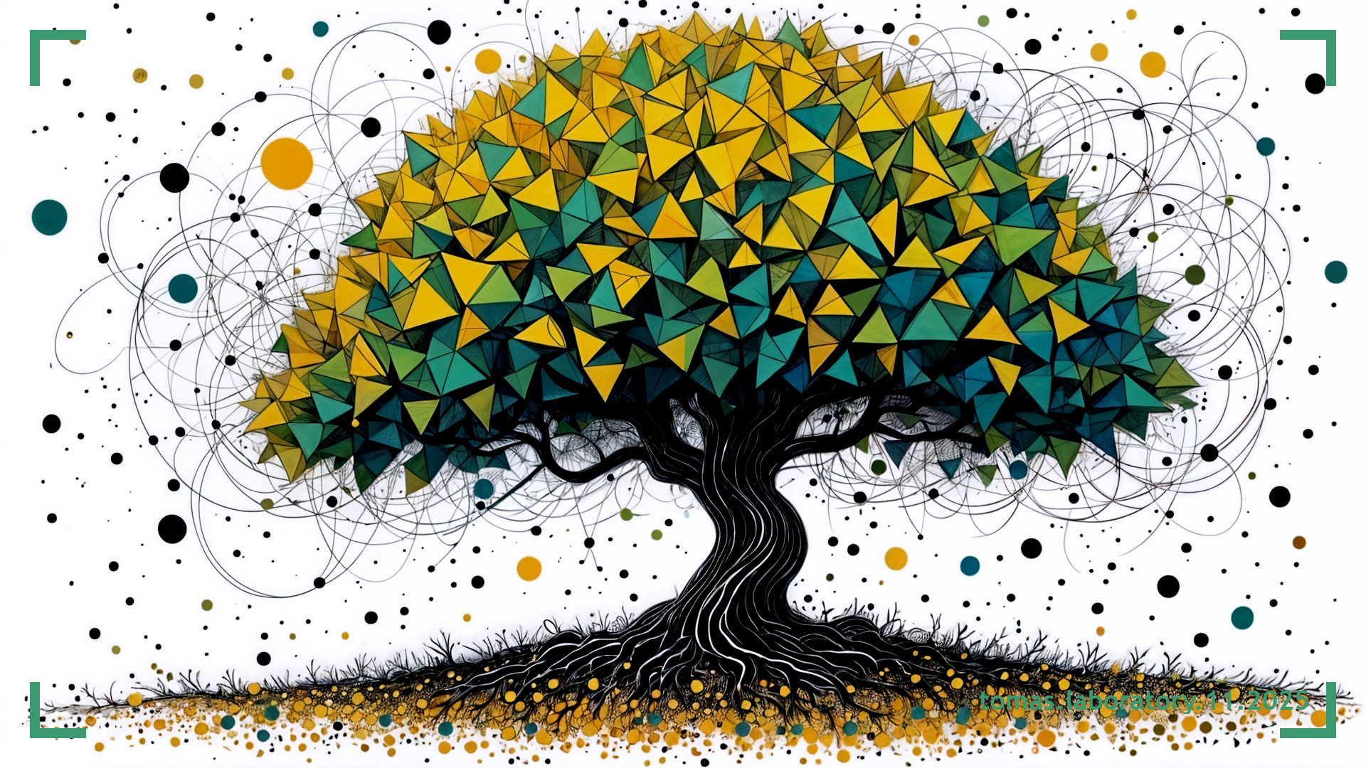 Stylized geometric tree with vibrant colors and patterns