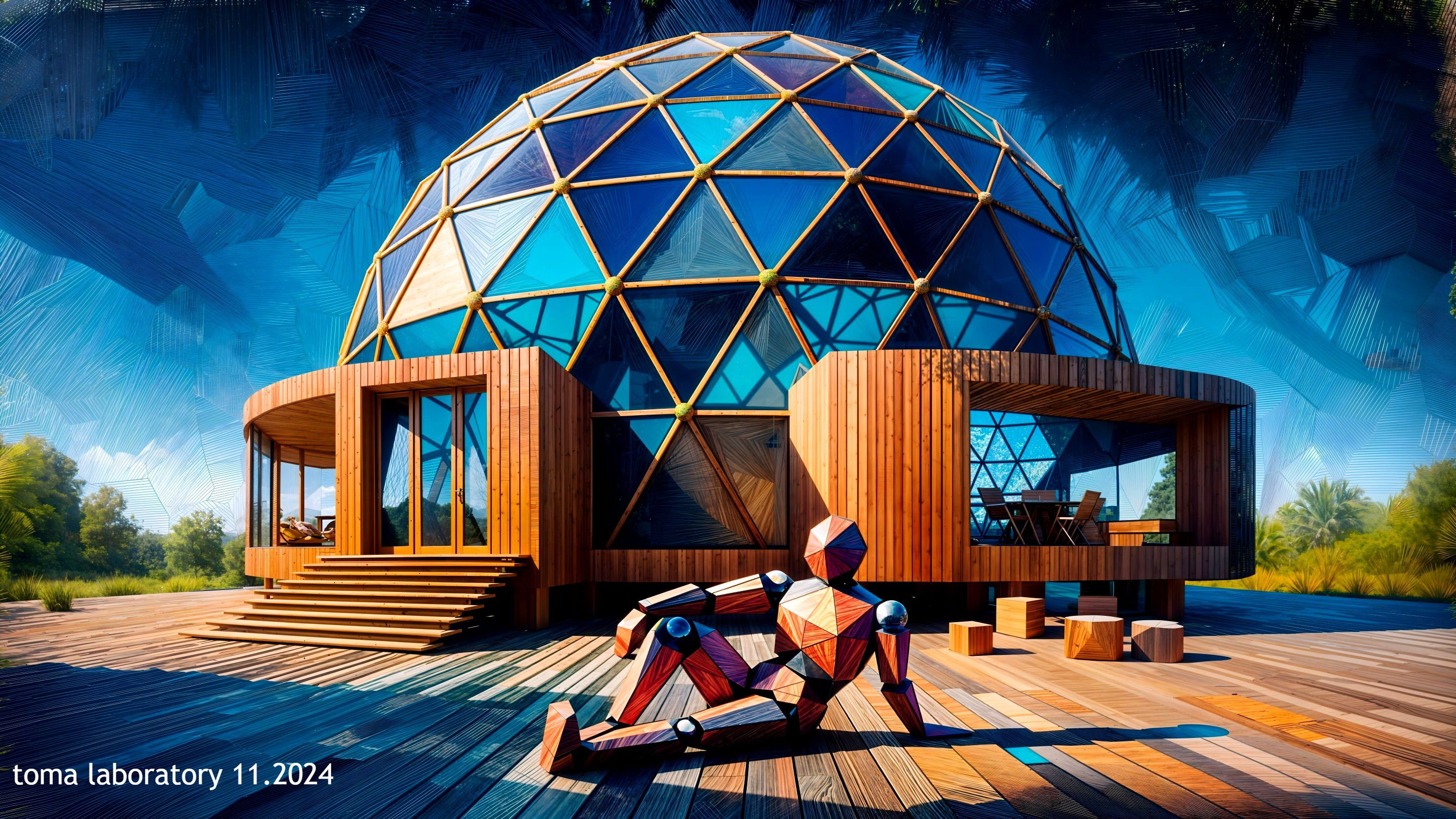 Modern Geodesic Dome with Wooden Deck and Greenery