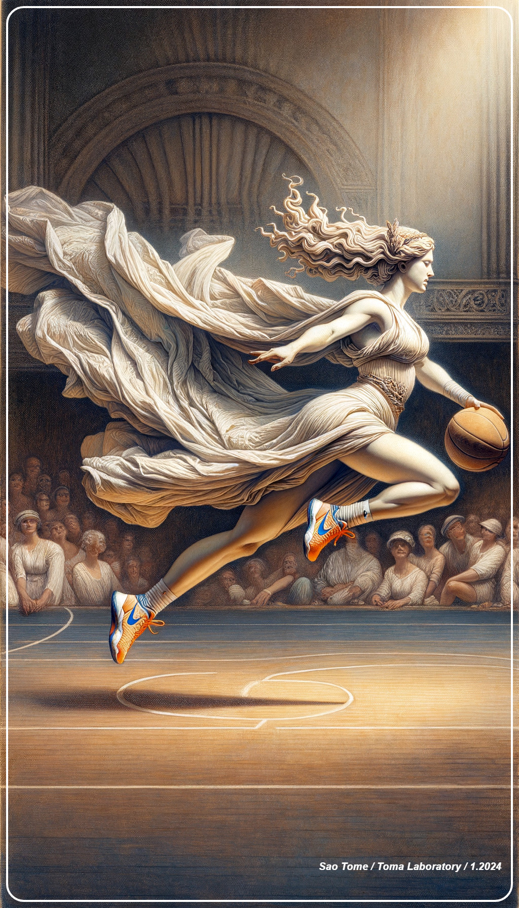 Winged female figure playing basketball in classical-style illustration