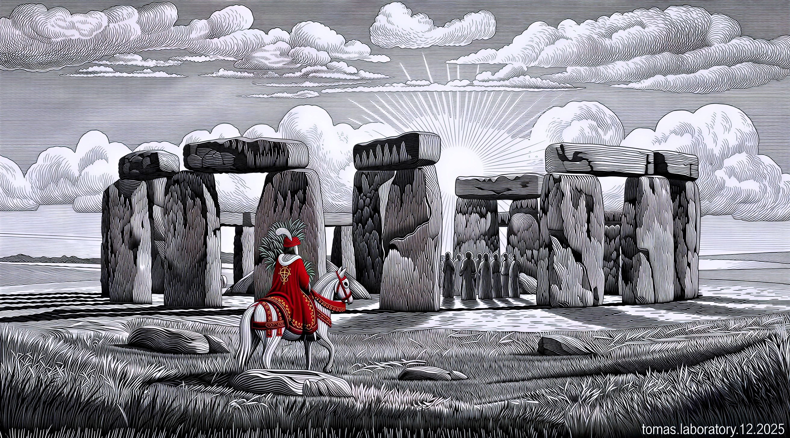 Black and white woodcut of Stonehenge at sunrise