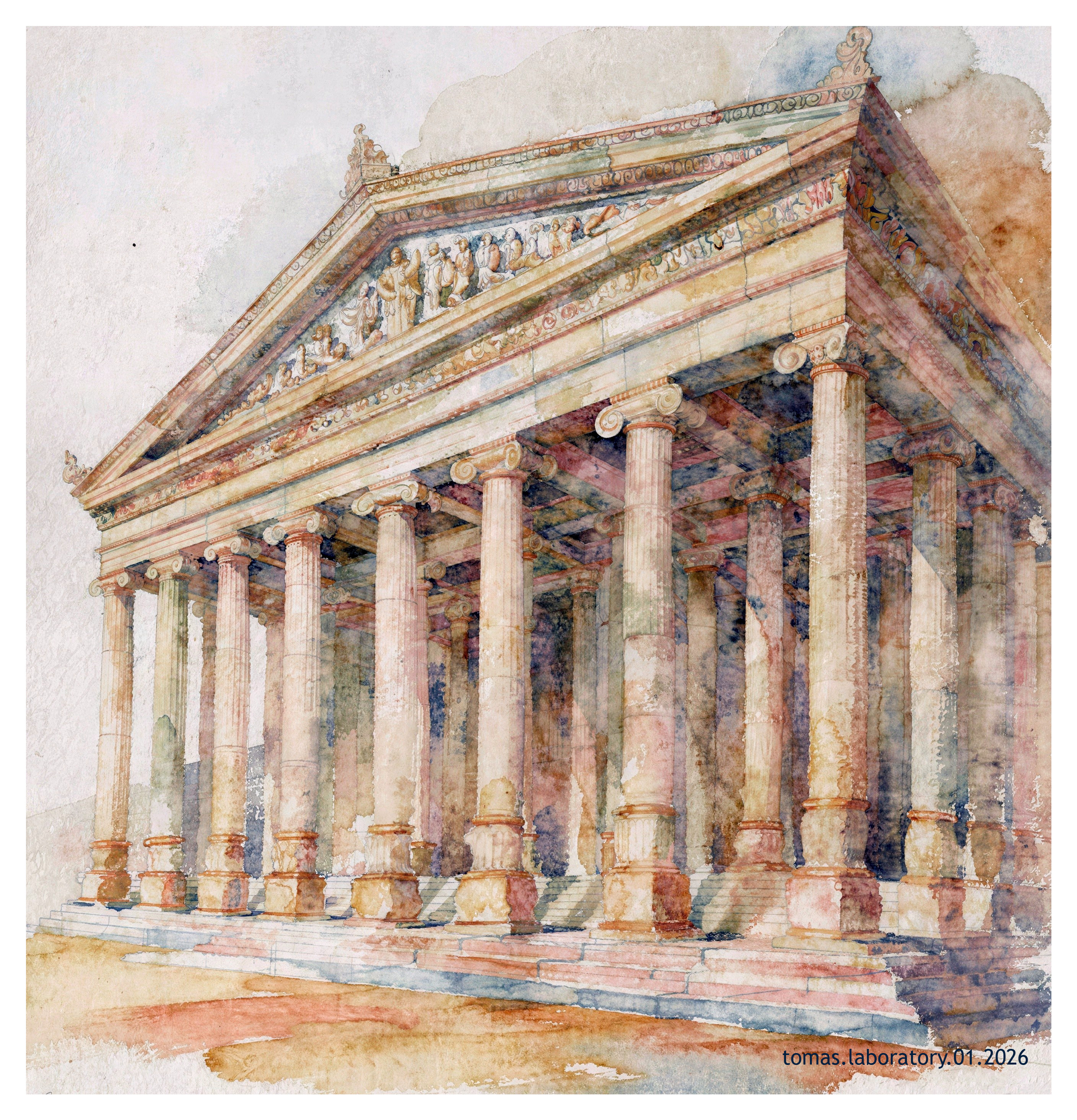 Watercolor Painting of an Ancient Greek or Roman Temple