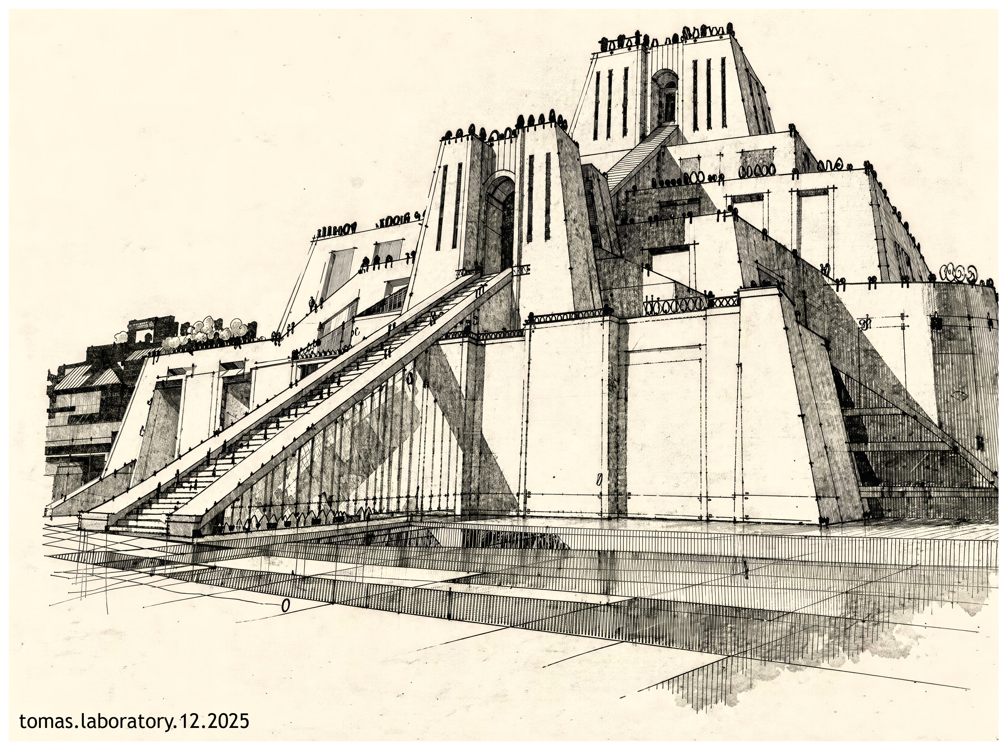 Architectural Drawing of a Monumental Ziggurat Structure
