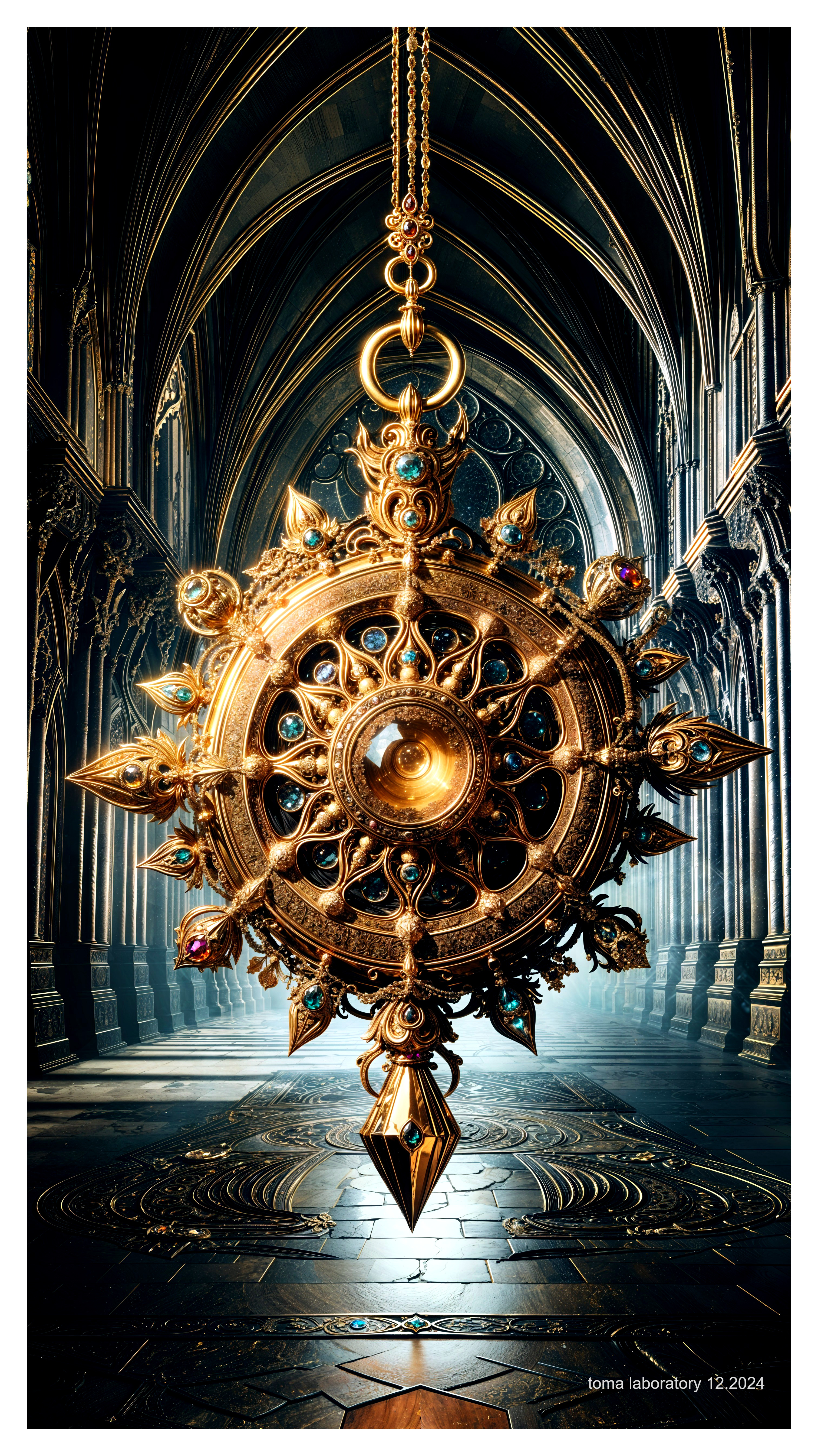 Ornate Golden Compass in Gothic Architectural Space