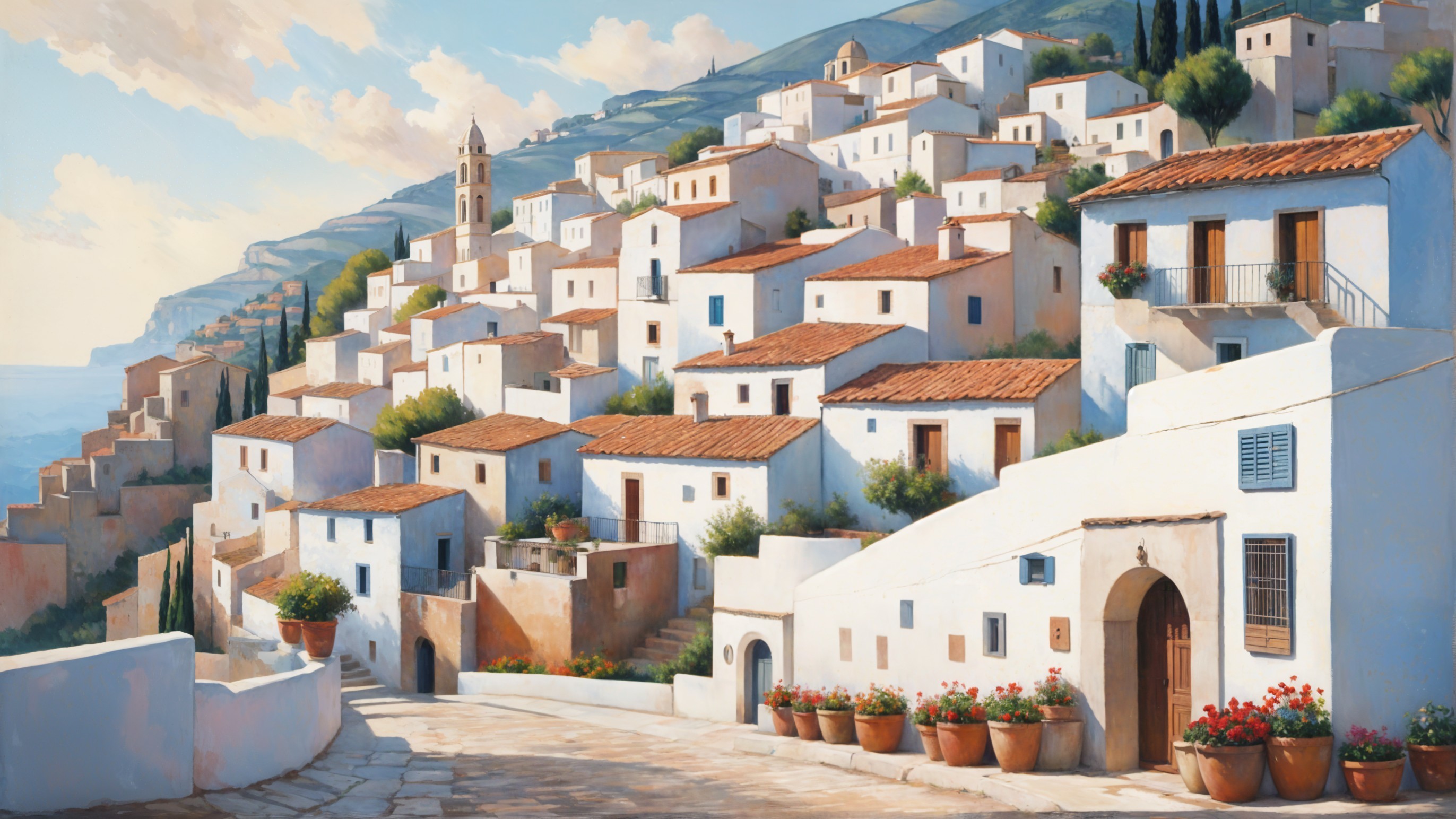 Picturesque hillside village with whitewashed houses