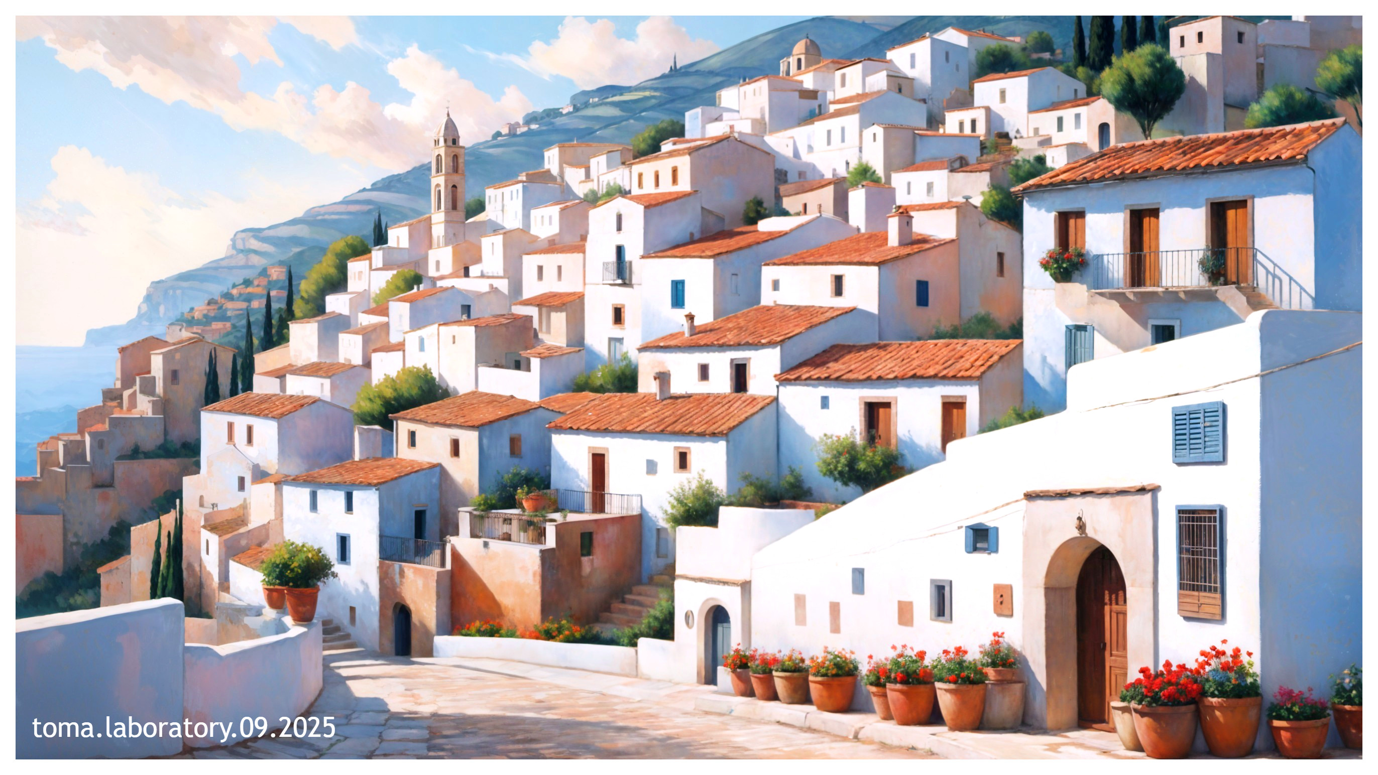 Picturesque hillside village with whitewashed houses