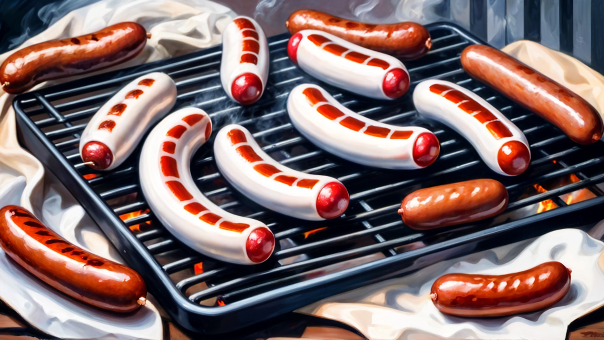 Vibrant Grill Scene with Assorted Sausages