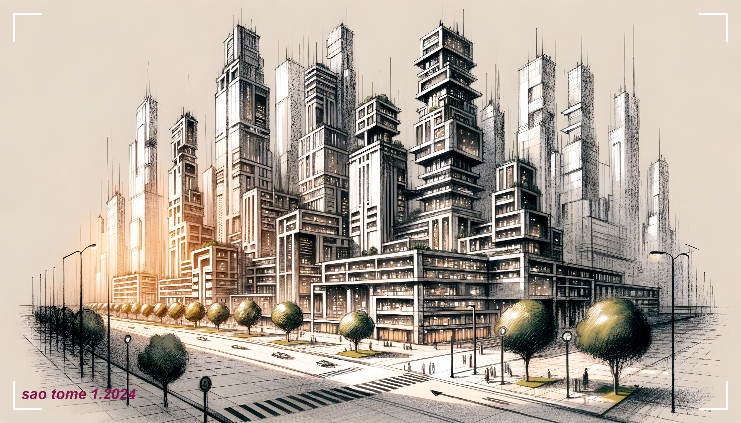 Detailed futuristic cityscape sketch with high-rise buildings, wide streets, sparse traffic, and scattered greenery