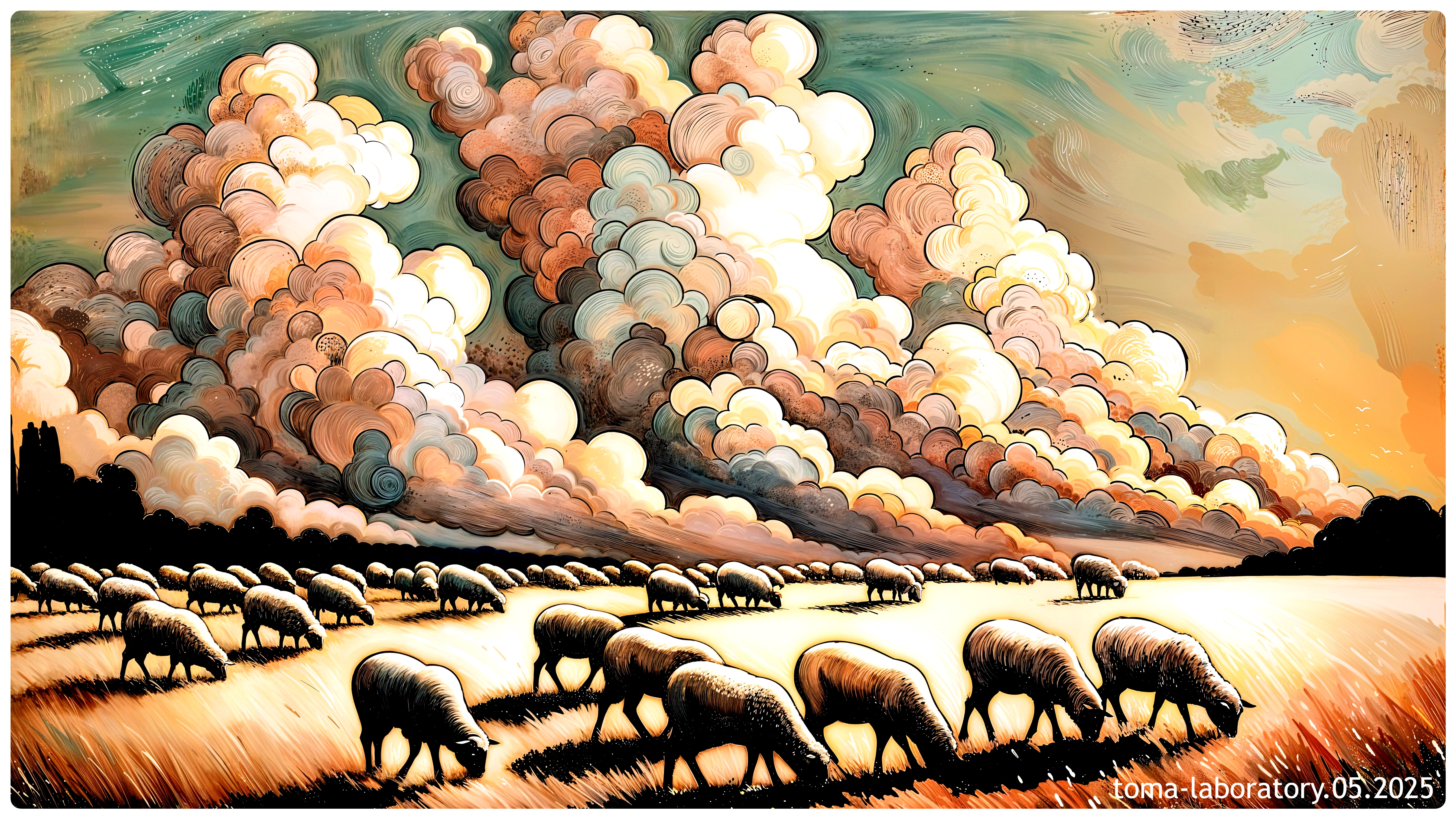 Vibrant Pastoral Scene with Grazing Sheep and Dramatic Sky