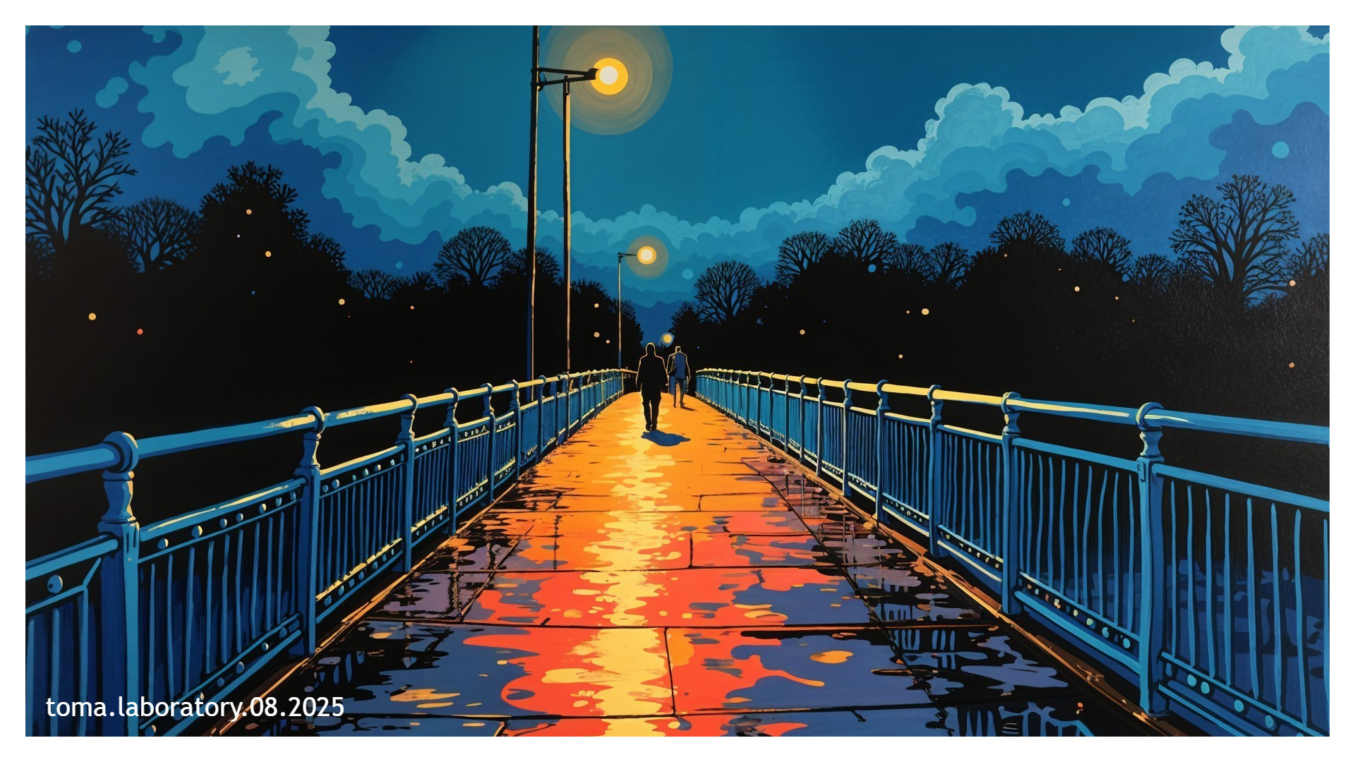 Couple Walking on a Bridge at Dusk with Reflections