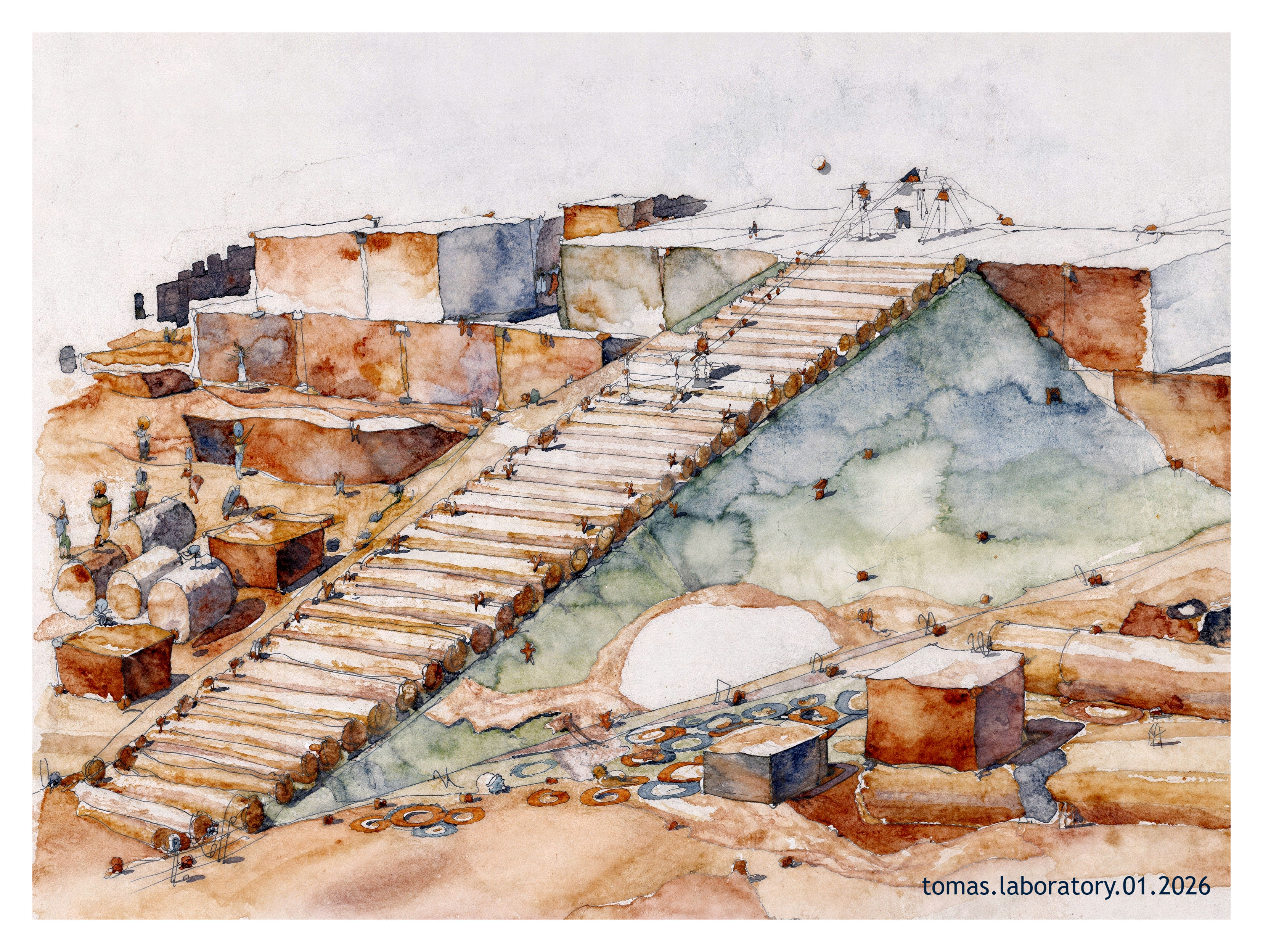 Architectural Watercolor of Pyramid Construction Site