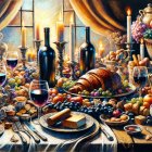 Lavish Banquet Table with Fruits and Roast Turkey