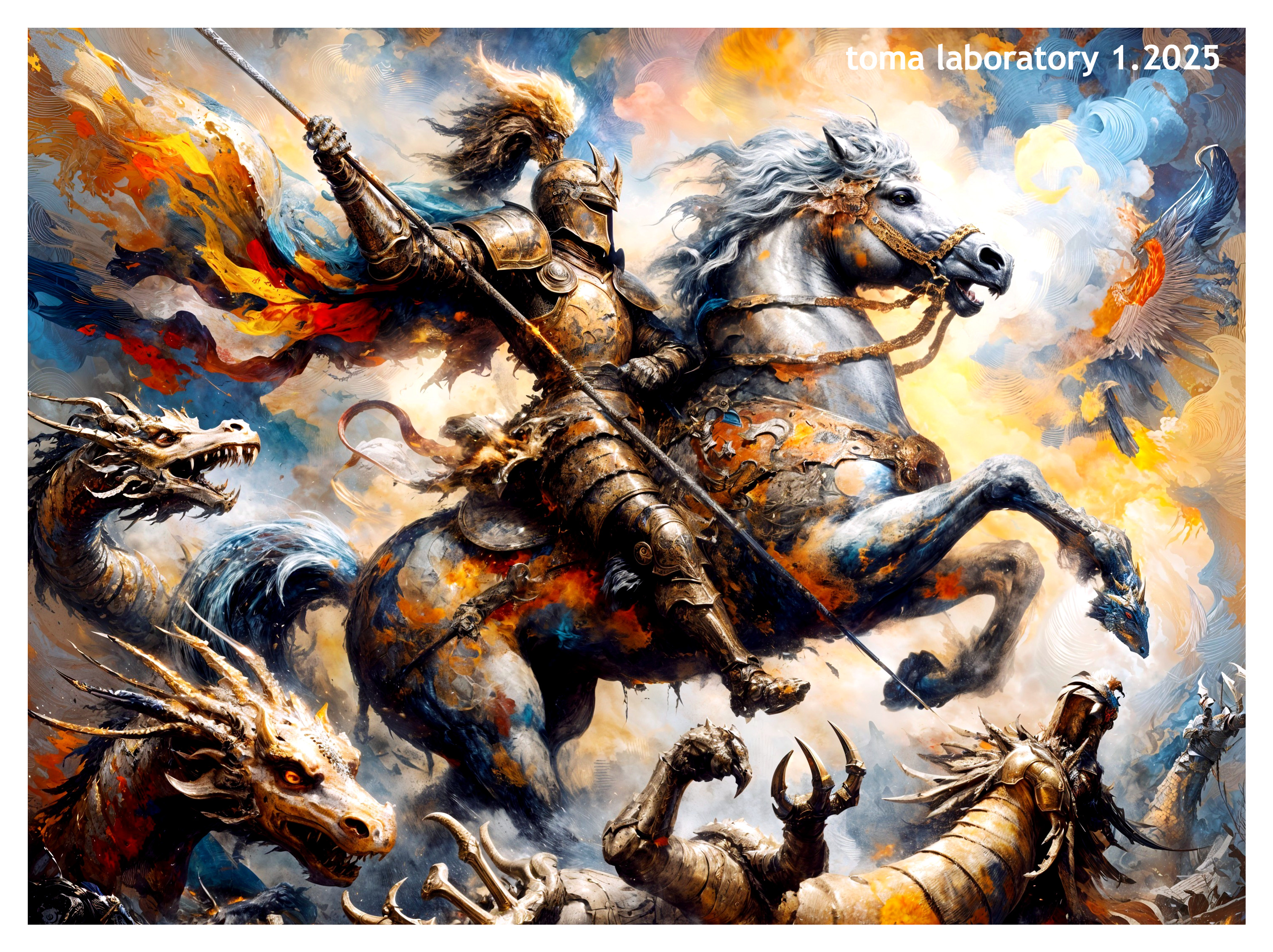 Knight in Armor Battling Dragons in Fiery Landscape